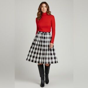 Vintage Sevil‎ Plaid Skirt Pleated A-Line Midi Black White Red Size 14